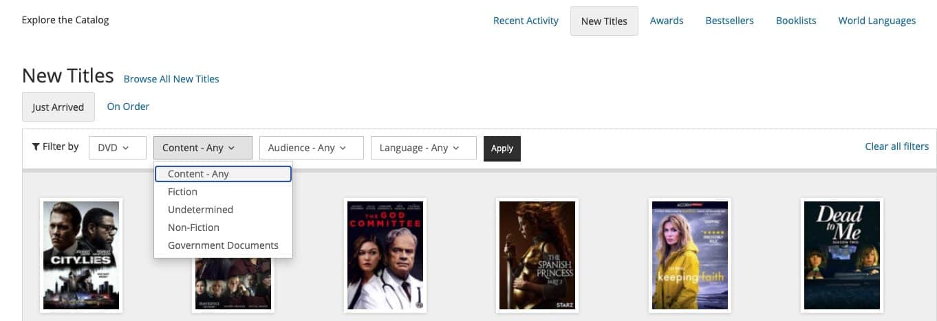Use the filters on the New and On Order page in the catalog to filter by Format, Content (fiction, nonfiction, government documents), Audience, or Language.