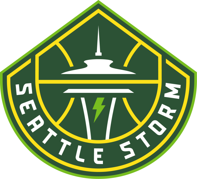 Official Seattle Storm logo, the shape of Mount Rainier with an outline of a basketball, the top of the Space Needle, and a lightning bolt.